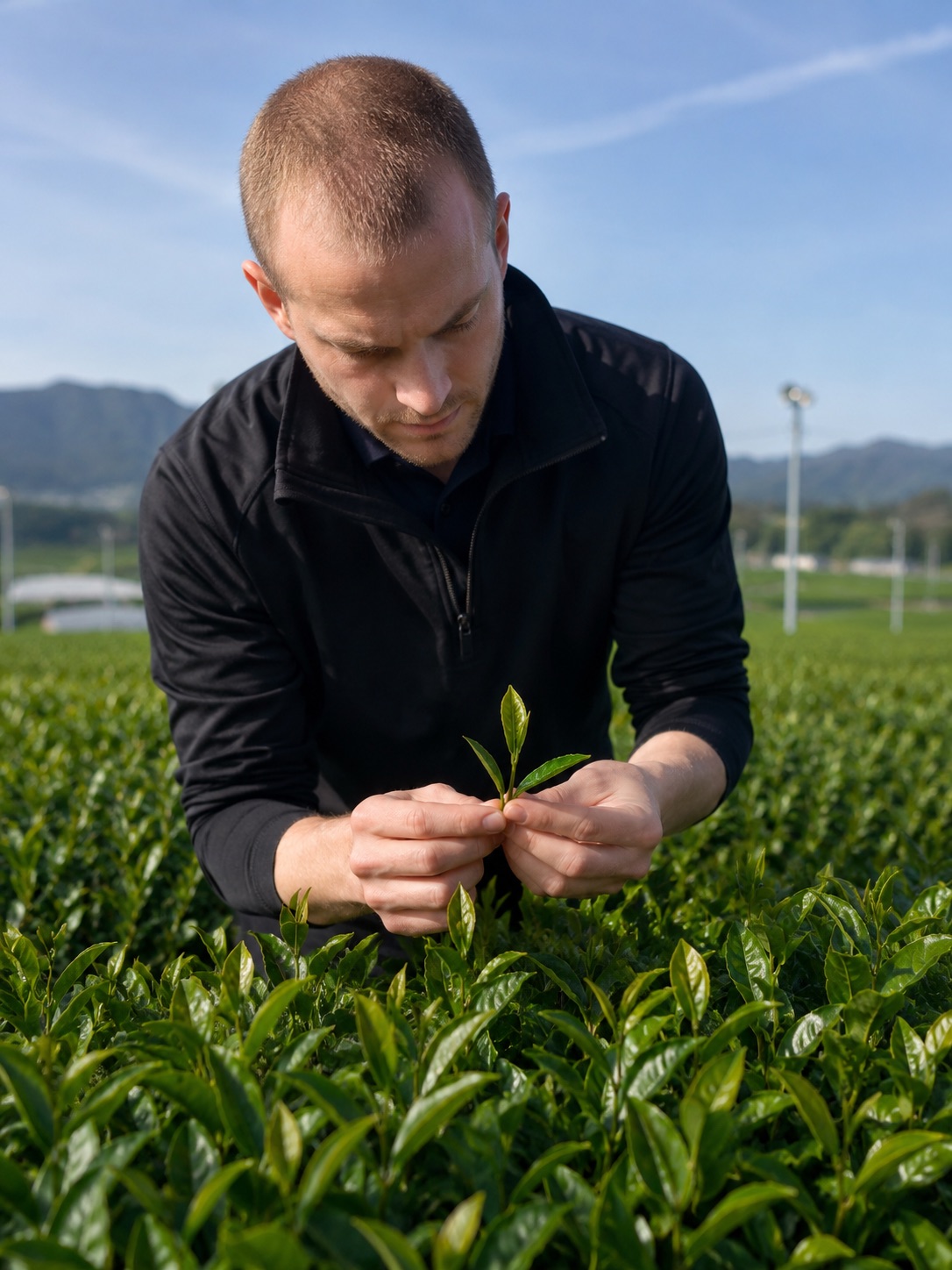Bonsai Matcha team member inspecting a fresh tea leaf at a farm in Japan