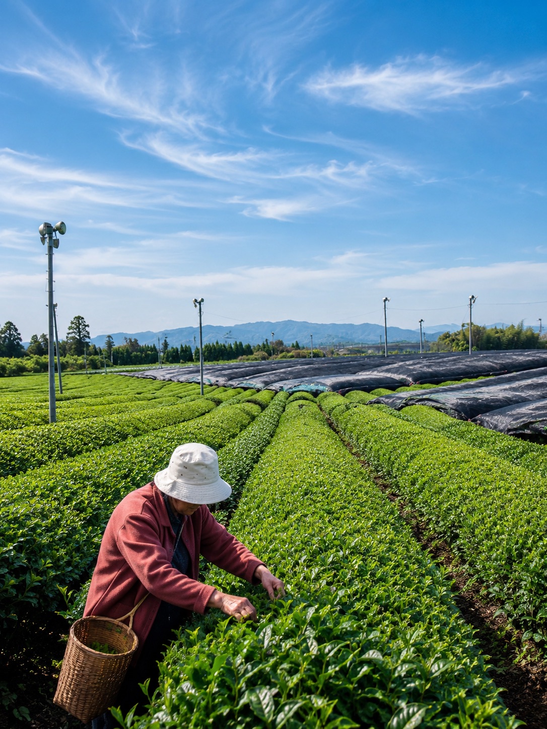 Hand-harvesting tea leaves at a partner farm in Japan